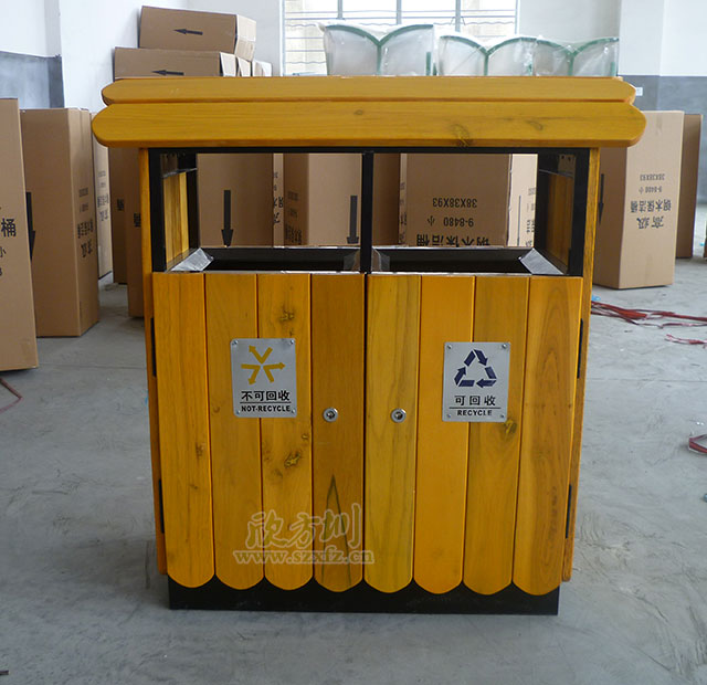 仿古屋形鋼木垃圾桶 仿古(gǔ)屋形鋼木垃圾桶